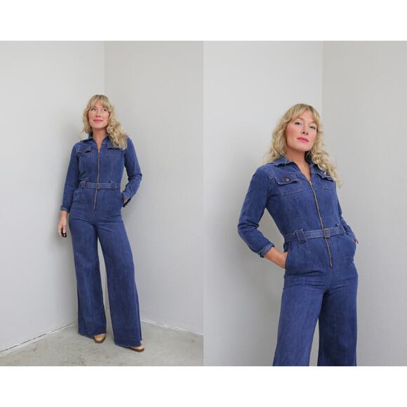 1970's Vintage Zip Up Denim Jumpsuit ~ Women's XS SM ~ Zip Up Front Wide Leg - Picture 1 of 10